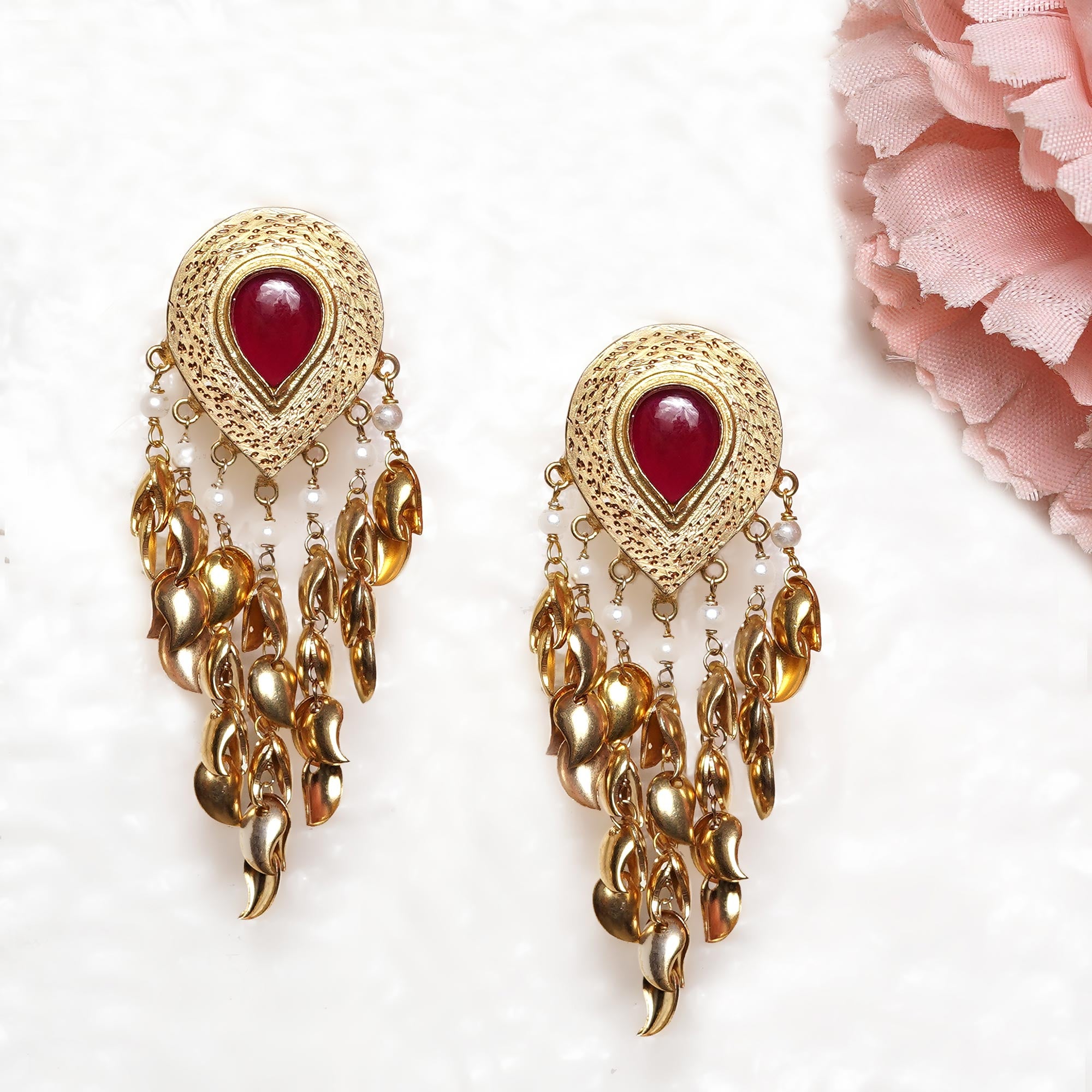 Naira Peepal Patti Earrings - Red