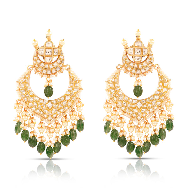 Fida Gold Wedding Ethnic Green Enamelled Kundan Chandbali with Pearls Drop  Earrings For Women